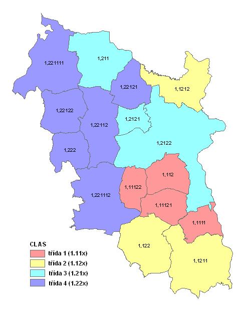 Obr. 3. Výsledek klasického hierarchického shlukování (CL, Euklid.v., standardizace). Obrázek 4 ukazuje výsledek reklasifikace po provedení řezu těsně u kořene.