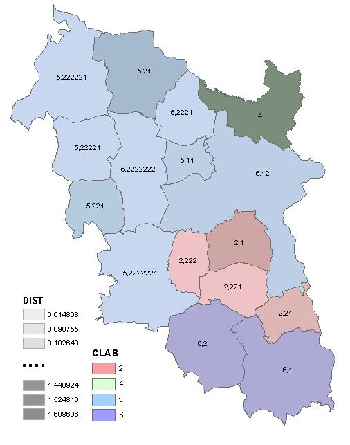 Obr. 6. Shlukování pro podíl polské národnosti v obcích okresu Karviná, stejné nastavení jako obr.