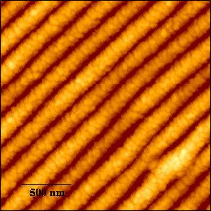 Drsnost polymerního povrchu po modifikaci vzrůstala díky vytváření periodických struktur. Následně byly laserem modifikované PET folie naprášeny 50 nm vrstvou Au.