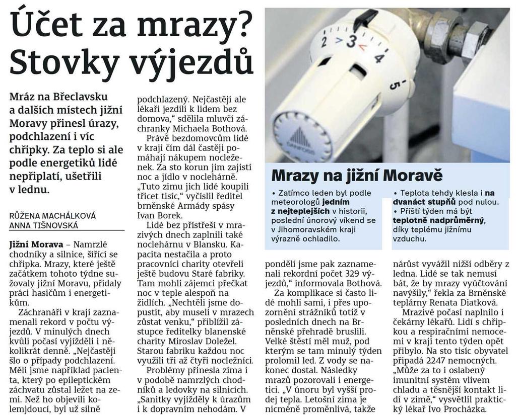 Účet za mrazy? Stovky výjezdů 10.3.2018 Břeclavský deník str.