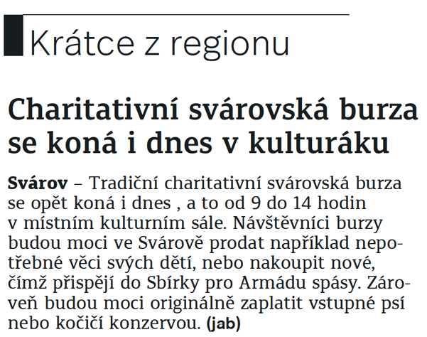 Kladenský deník Charitativní svárovská burza se koná i dnes v kulturáku 10.3.2018 Kladenský deník str.