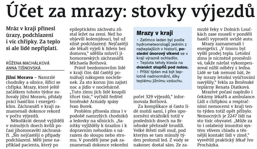 Účet za mrazy: stovky výjezdů 10.3.2018 Brněnský deník str.
