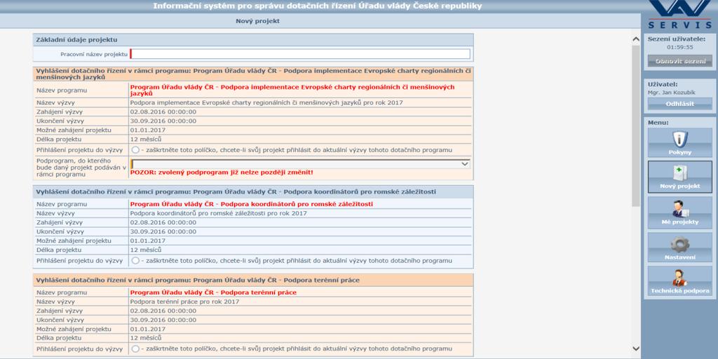 4. Vyplníte políčky Pracovní název projektu.