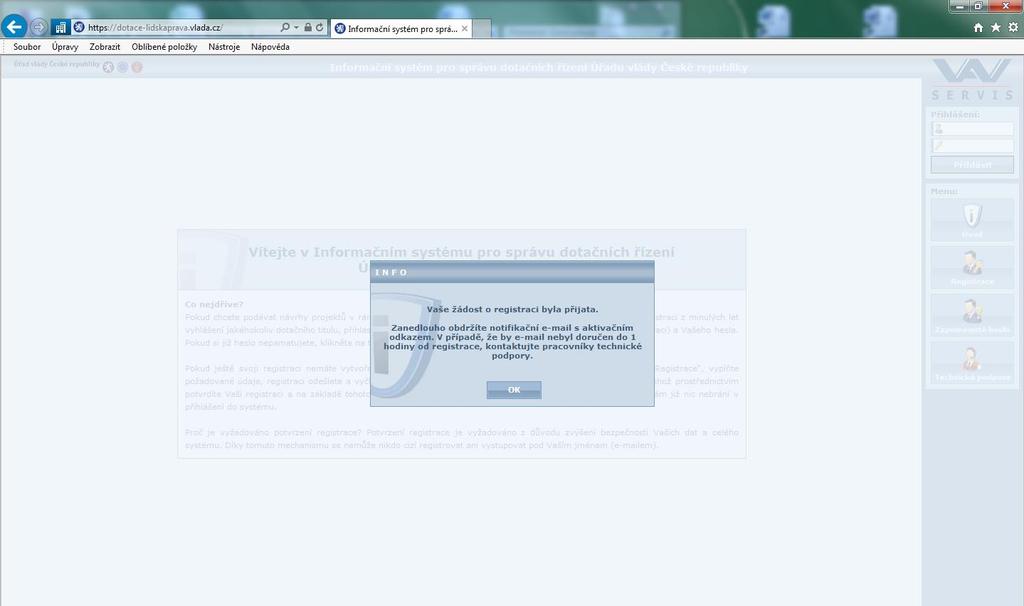6) po odeslání registračního formuláře se objeví následující obrazovka s