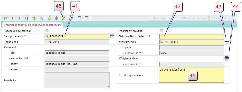 8. Na kartě (obr. 5) je vygenerováno číslo právě založeného požadavku [41] a pořadové číslo vkládané položky [42].