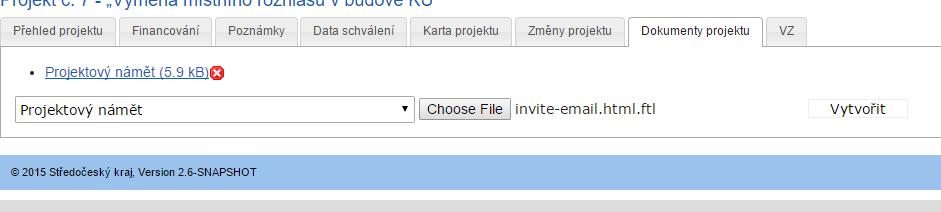 Obrázek 19 - Dokumenty projektu Vložení nového dokumentu provedete stisknutím tlačítka Vybrat soubor/choose file a potvrdíte tlačítkem vytvořit.