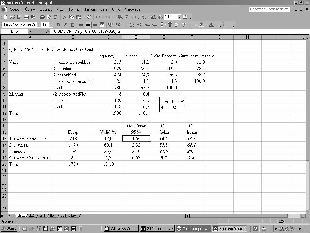SOC108 LEKCE 5: STATISTICKÁ INFERENCE 13 Nyní si vložme příslušné vzorce pro výpočet intervalu spolehlivosti (jeho matematickou podobu jsme jen pro připomenutí přidali do volného prostoru).