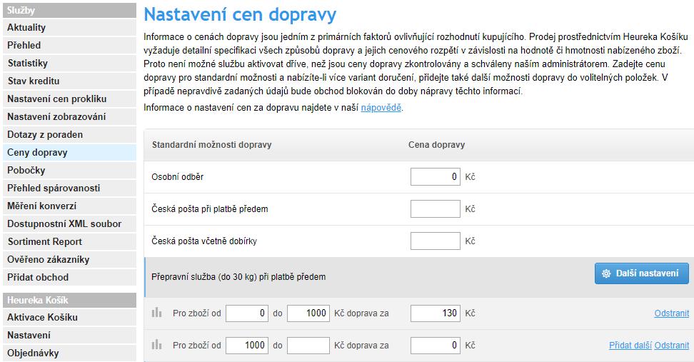 10. Mám nastaveny ceny dopravy Ceny za dopravu můžete nastavit v rozhraní Heureky.