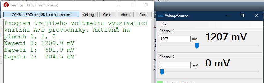 Programování mikroprocesorového modulu pro výuku fyziky 5 Měření napětí tříkanálovým voltmetrem Pro měření statického napětí je vhodné použít vnitřní A/D převodník procesoru.