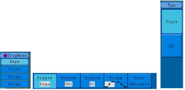 Edge menu tabulka: Menu Nastavení Popis Single Mode Edge Zdroj Propojení CH1 CH2 EXT EXT/5 AC LINE DC AC HF LF Obrázek 5-17 Edge trigger menu Nastaví vertikální kanál na spouštění na Hraně Nastaví