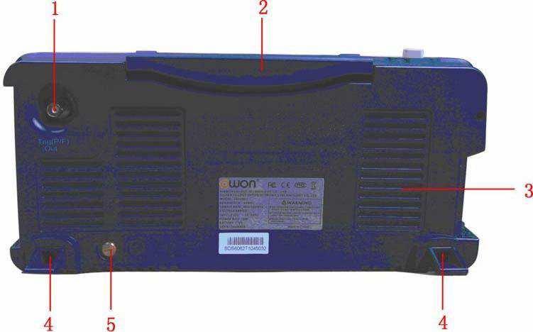 3. COM/VGA (volitelný) port: Slouží k propojení osciloskopu a ostatních zařízení pomocí sériového portu nebo pro připojení osciloskopu k monitoru nebo projektoru jako VGA výstup. 4.