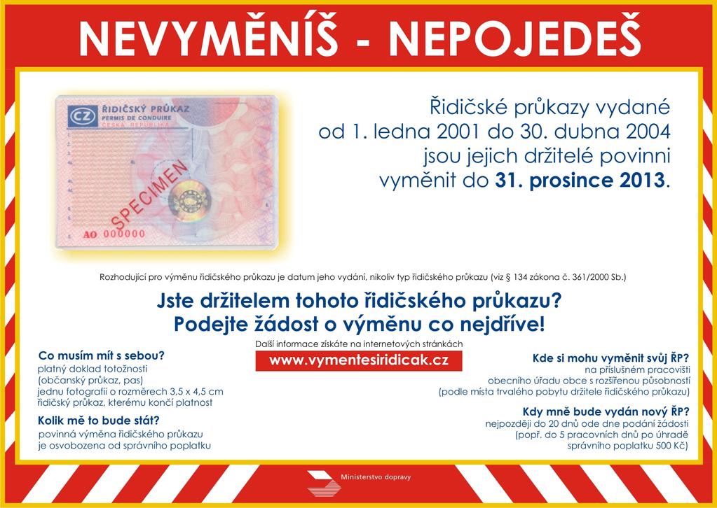 Výměna řidičských průkazů V České republice jsou v současné době platné 2 typy řidičských průkazů. Během následujících let bude docházet k postupné výměně jednoho z nich.
