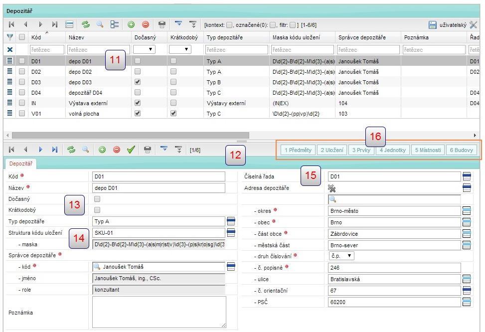 Z této karty uživatel získá přehled, o jaký depozitář se jedná (trvalý, dočasný dlouhodobý, dočasný krátkodobý) a jakým způsobem jsou značena místa uložení: Je-li zatržen jen box dočasný [13] jedná