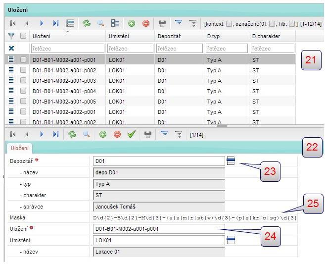 Na kartě je zobrazen depozitář [23], do kterého uložení patří a dále kompletní kód uložení [24].