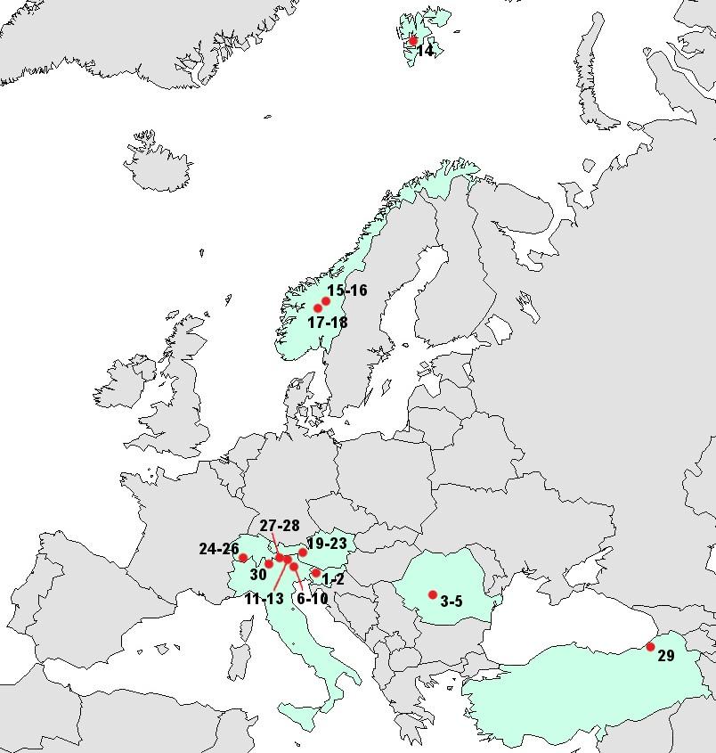Obr. 22: Mapa s vyznačenými lokalitami sběru. Čísla lokalit odpovídají lokalitám dle tabulky 2.