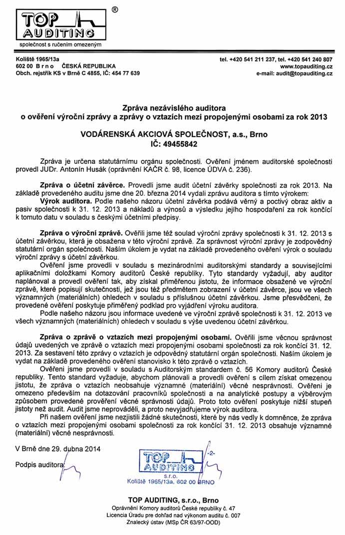 Zpráva auditora Auditor s report