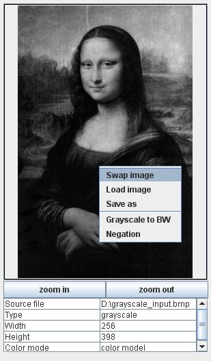Pro různé druhy obrazu se zobrazí různé nabídky. Společné pro všechny obrazy jsou položky Swap image, Load image a Save as.