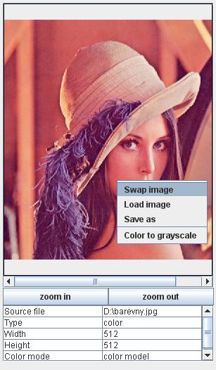 Load image zobrazí dialogové okno a umožní do panelu načíst nový obraz ze souboru. Save as zobrazí dialogové okno pro uložení obrázku.