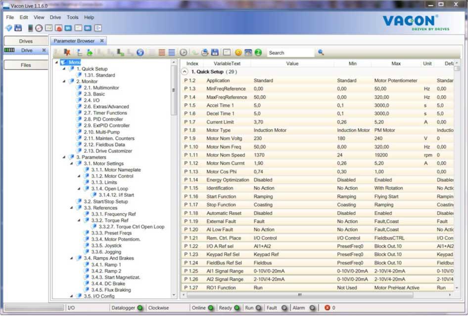UŽIVATELSKÁ ROZHRANÍ VACON 113 3.5 VACON LIVE VACON Live je počítačový nástroj sloužící k uvádění do provozu a údržbě frekvenčních měničů řady VACON 10, VACON 20 a VACON 100.