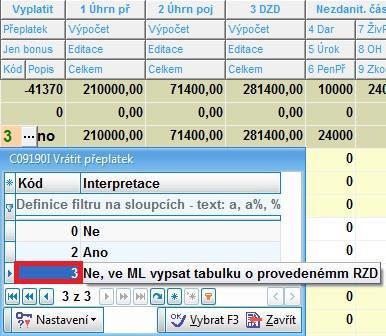 2 - z vypočteného přeplatku daně z RZD se vytvoří při následném zpracování ČM řádek 3 bez vstupu do zpracování čistých mezd, ve