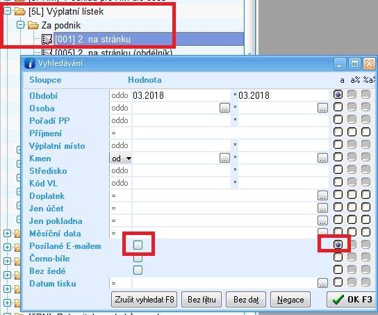 2) Nastavení filtru pro tisk zbývajících VL, které nebyly odeslány E-mailem Uživatel si v Modulu MZDY/sestavy/5L vyvolá filtr zvolené sestavy Pro správné zobrazení jen VL, které neodešly e-mailem a