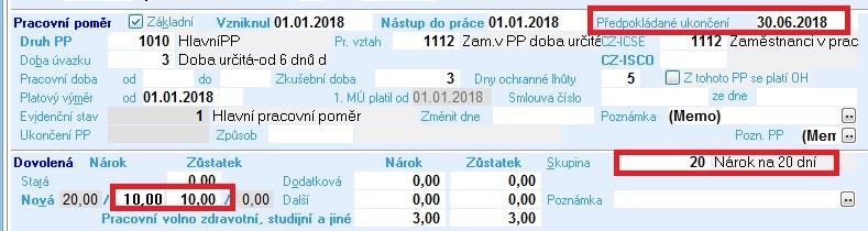 Obr. př. Předpokládané ukončení vymazáno, nárok a zůstatek 20dní dle automat.přepočtu 2.1.3.