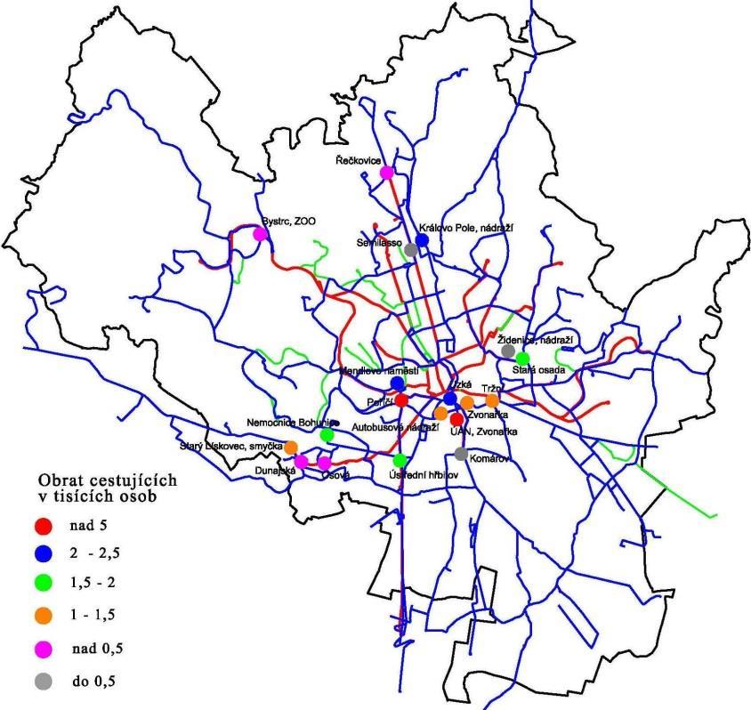 Přestupní uzly a zastávky regionálního významu na území města Brna Přestupní uzly a zastávky v Brně: vazba regionální autobusová doprava a MHD Schéma 2 vykazuje přehled významných zastávek a