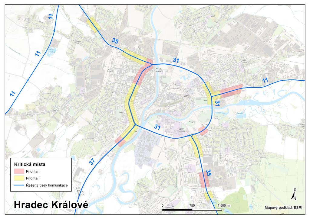 Obr. 5 Situace kritických míst v Hradci Králvé s rientačním