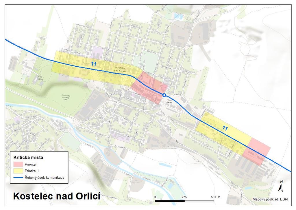 Obr. 7 Situace kritických míst v Kstelci nad Orlicí s rientačním
