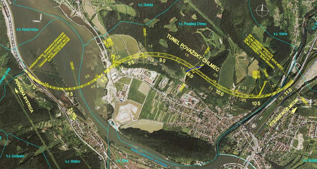 situovaném na pravém erozním svahu řeky Kysuce, odkud pokračuje mostem délky cca 400 m přes řeku Kysucu. Obr. 1 Situace trasy nového úseku dálnice D3 s tunelem Považský Chlmec Fig.