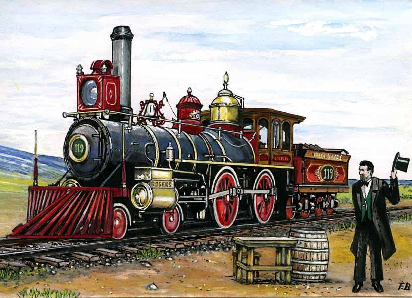 byly v poledne 10. května 1869 symbolicky propojeny kolejnice první transkontinentální železnice světa na planině Promontory v Utahu.