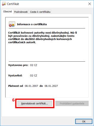 1) Nainstalování O2CZ kořenového certifikátu do důvěryhodných certifikačních autorit Pro řádné využívání osobních certifikátů vydaných certifikační autoritou O2CZ je nezbytné nejdříve importovat