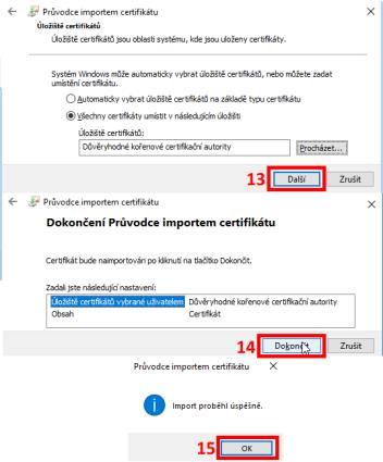 3) Pro otevření a nalezení certifikátu ve složce, do které jste certifikát uložili, zvolte Otevřít složku 4) Otevřete soubor s certifikátem 5) Volbu Otevřít potvrďte 6) Zvolte možnost Nainstalovat