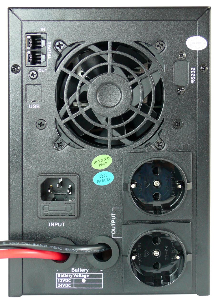1.3 ZADNÍ PANEL Zadní panel obsahuje: 1. fax/tel. vstup (IN), výstup (OUT) 2. ventilátor 3. PC zásuvku pro připojení PG 600 S do el. sítě (INPUT) 4. 2x zásuvku 230V (OUTPUT) 5.