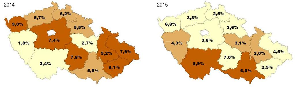 Mapa nepřipoutaných řidičů zobrazuje podíl respondentů, kteří přiznali alespoň občasné řízení bez pásů, ke všem respondentům, kteří odpovídali na otázku vztahující se poutání.