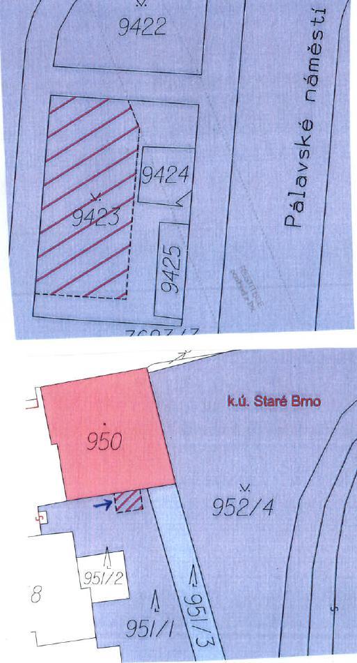 9. směna pozemků: - část p. č. 9423 - ostatní plocha, zeleň, o výměře 193 m², v k. ú. Židenice, - část p. č. 951/1 - zastavěná plocha a nádvoří, společný dvůr, o výměře 6 m², v k. ú. Staré Brno JUDr.
