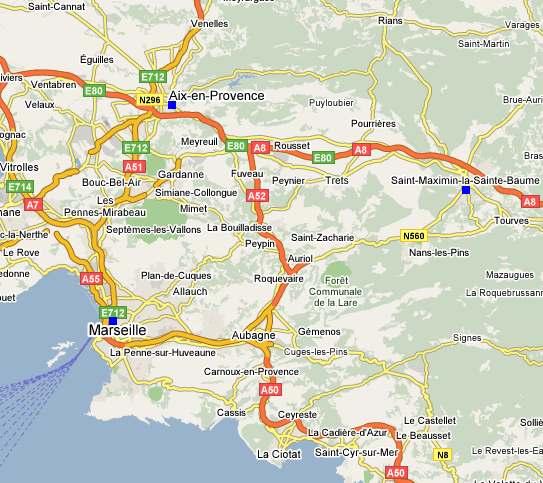 33. Mapa části oblasti Provence v Jižní Francii, modrými čtverečky jsou