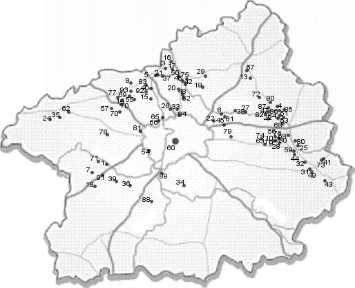 Mapa 1 1 : Lokality s nálezem římského importu. 1. Beroun, 2. Borek, 3. Brozánky, 4. Budiměřice, 5. Býkev, 6. Čelákovice, 7. Černín, 8. Černuc, 9. Dobřichov, 10. Dobřichov Pičhora, 11.