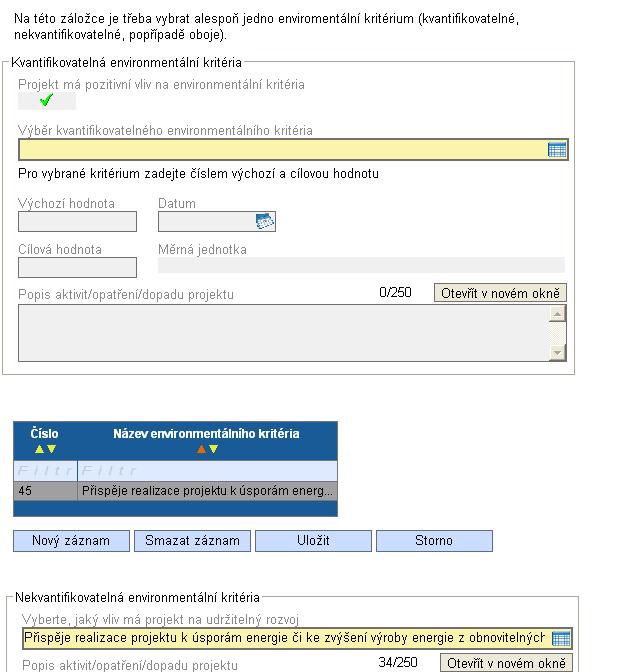 Na záložce je třeba vybrat alespoň jedno enviromentální kritérium (kvantifikovatelné,nekvantifikovatelné, popřípadě