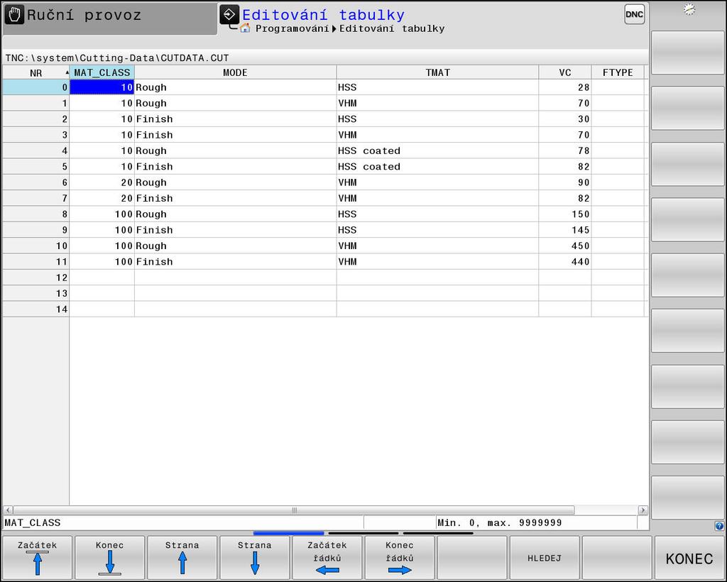 Programovací pomůcky Kalkulačka řezných dat 6 Tabulka řezných podmínek Kombinace materiálu obrobku/řezného materiálu nástroje s příslušnými řeznými daty nadefinujete v tabulce s příponou.cut.