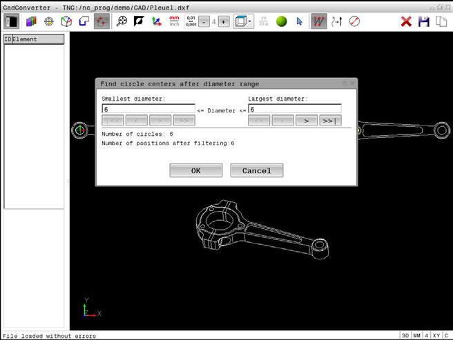 Převzít data z CAD-souboru CAD-Viewer (opce #42) 12 Nastavení filtru Po vašem označení vrtacích pozic pomocí rychlého výběru řídicí systém zobrazí pomocné okno, kde je vlevo nejmenší a vpravo