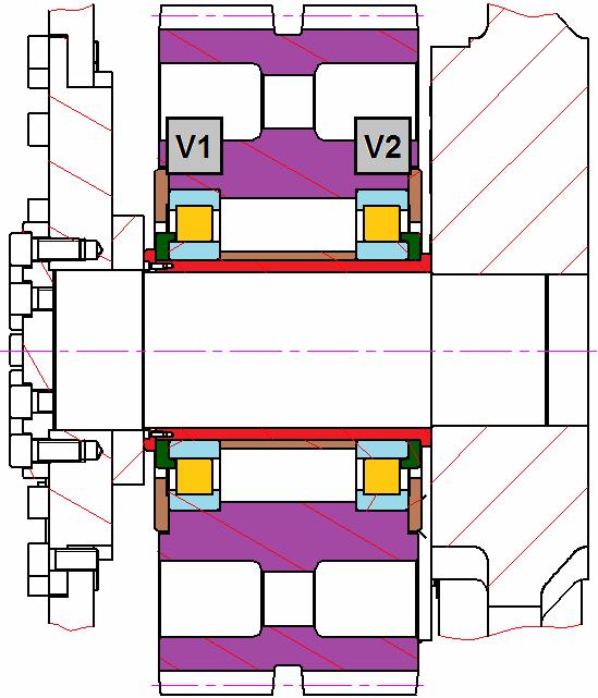 Str. 78 6.8.4 Kontrola trvanlivosti ložisek vloženého kola V podpoře V1 a V bylo zvoleno válečkové ložisko NU 40 ECMA/C3 s příložným kroužkem HJ 40 EC fy SKF, který zajišťuje ložisko v axiálním směru.