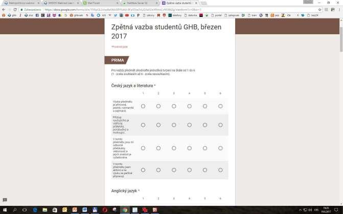 Pro zpětnovazební dotazníky pro studenty byla použita googlovská aplikace,
