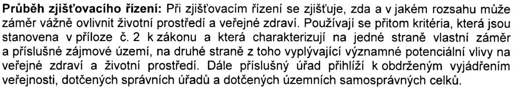 -- Prùbìh zjiš ovacího øízení: Pøi zjiš ovacim øizení se zjiš uje, zda a v jakém rozsahu mùže zámìr vážnì ovlivnit životní prostøedí a veøejné zdraví.