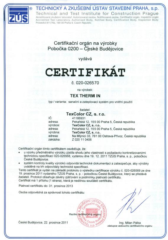 CERTIFIKACE Systém TEX THERM IN certifikoval technický