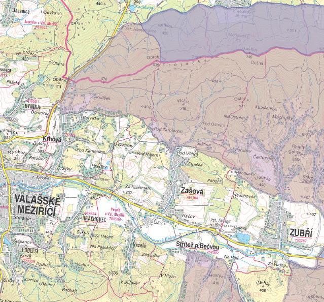 3: Detailní zákres hranic obce Zašová (červeně) ve vztahu k hranicím