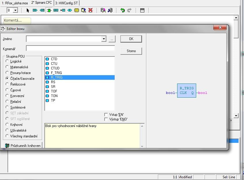 Řízení systému Foxtrot pomocí tlačítkových snímačů RFox 11 - Vložte blok R_TRIG, který je součástí standartní knihovny STDLIB a vyhodnocuje náběžnou hranu v záložce Čítače/časovače [10] - Vložte blok