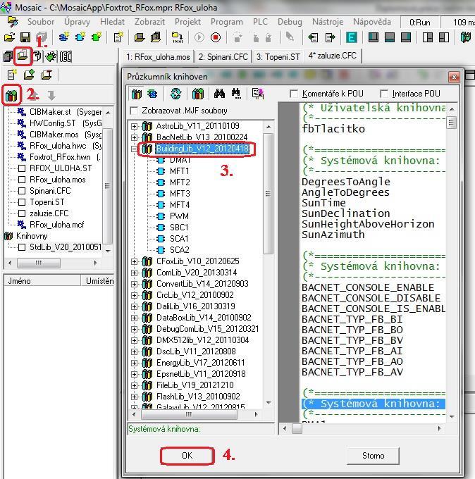 Řízení systému Foxtrot pomocí tlačítkových snímačů RFox 13 - Zapište jméno funkčního bloku zaluzie a zvolte typ jazyka pro programování CFC (grafický programovací jazyk) - Pro vytvoření funkčního