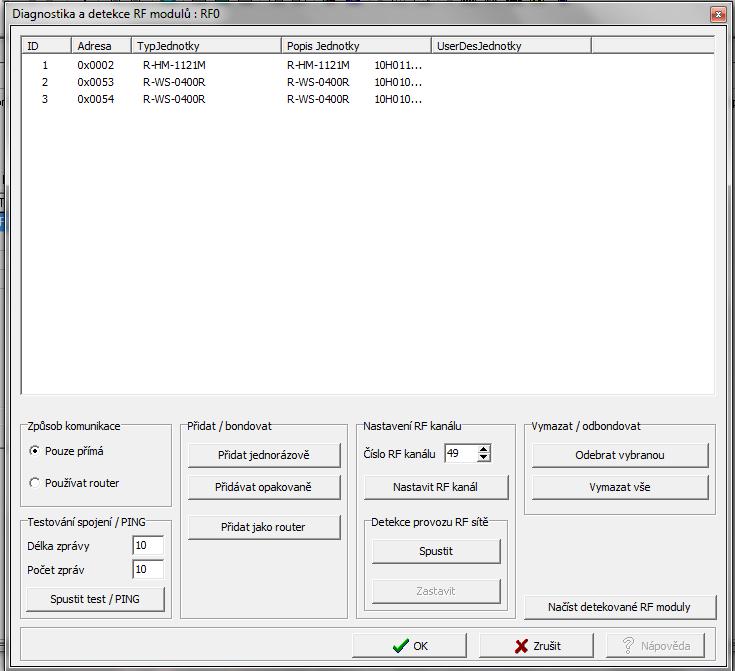 Obr. 4-8 Detekce RF prvků v okolí systému - Zvolíte typ komunikace- Pouze přímá, Přidat jednorázově, kde se párování