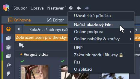 Časová osa editační prostor projektu, zde sestavujete vše, co se má ve filmu zobrazit nebo zaznít. Obrázek 1.6: Otevření ukázkového filmu Obrázek 1.7: Ukázkový projekt 1.